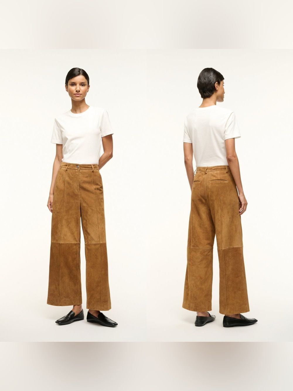 STAUD Masonry Calf Leather Suede wide leg pant in “Tan”